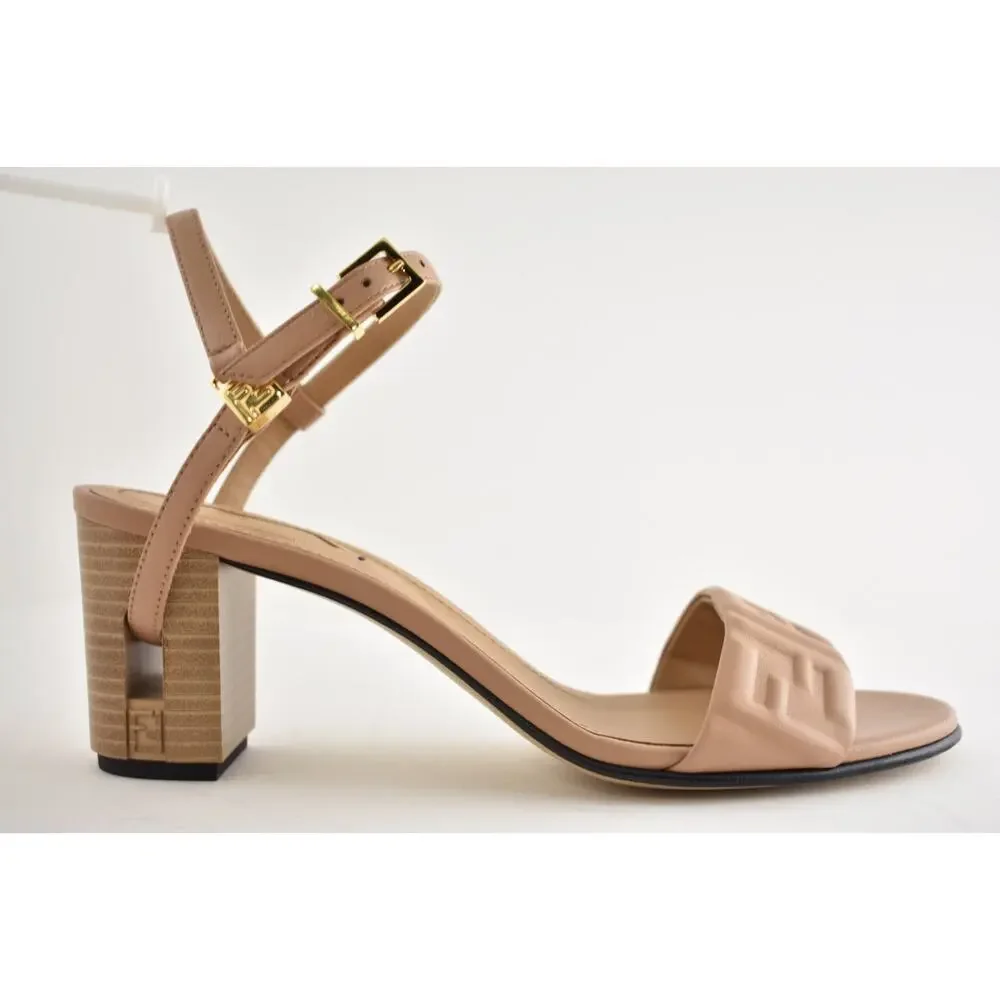 Fendi Delfina Sandal 65mm Dark Honey Beige Leather FF Logo Ankle Strap Heel 37.5